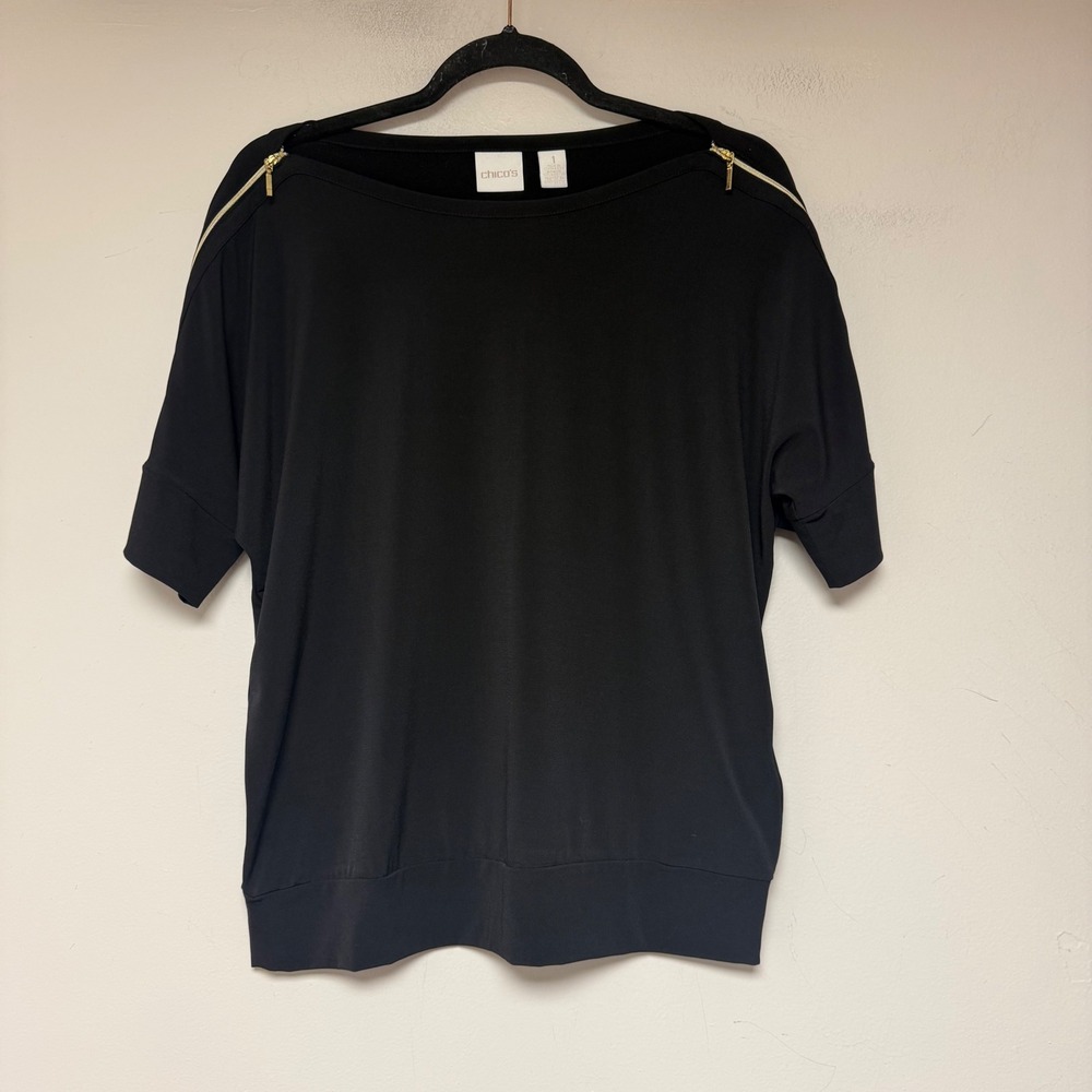 Chico's Blouse Women 1 Medium Black Excellent Gold Zipper Shoulder Boat Neck